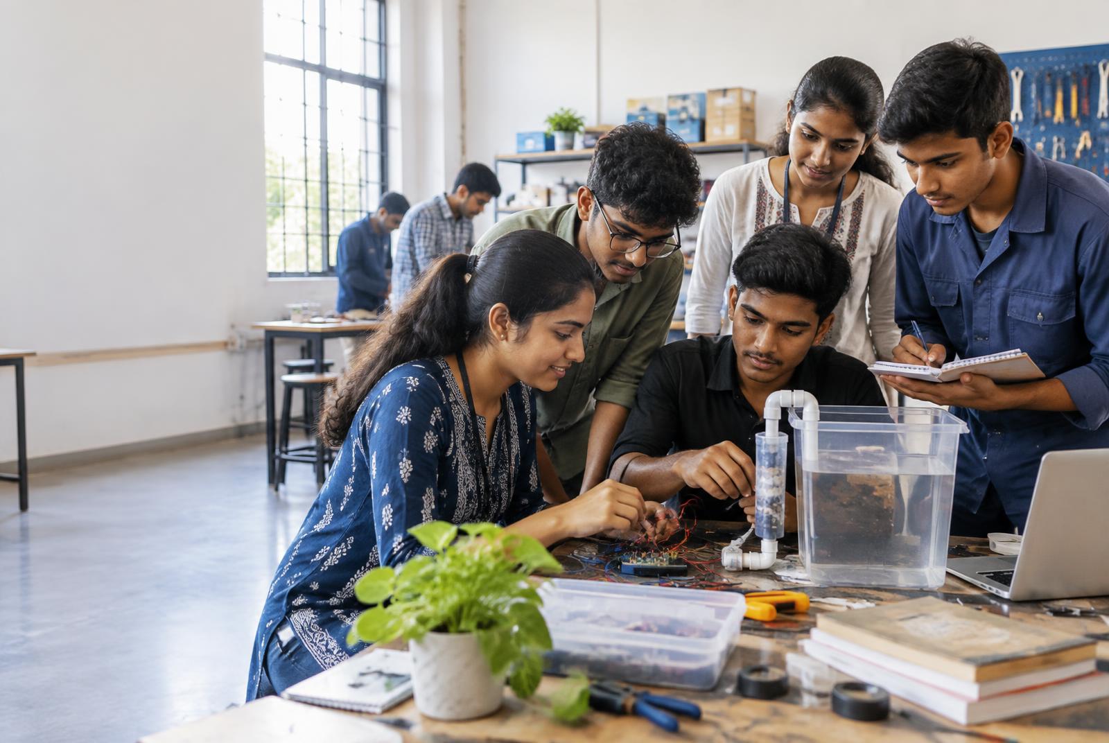Indian students building a practical prototype together in a community workshop